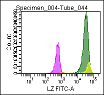 Figure 2. Flow cytometric analysis of a normal blood sample after immunostaining with GM-4132 (Lysozyme-FITC)